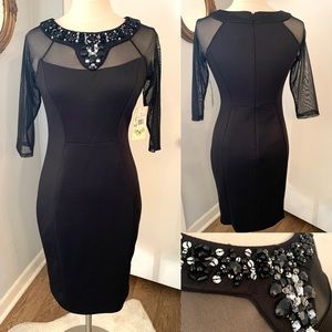Black Sheer Sleeve Jeweled Neckline Cocktail Dress Sz 8 Evening Mob Wife